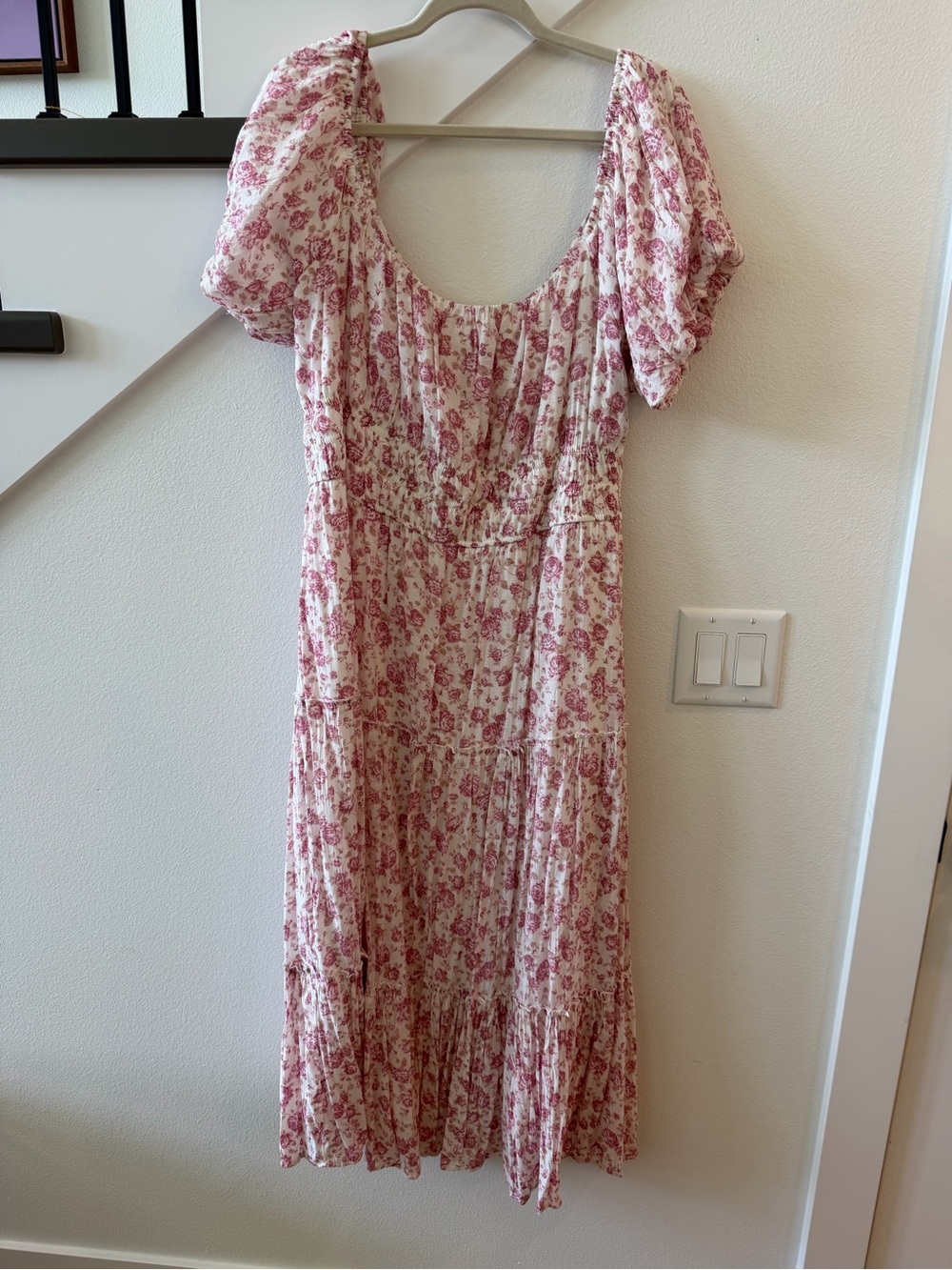 ARULA Cream Midi Dress with Pink Floral Print and Puff Sleeves